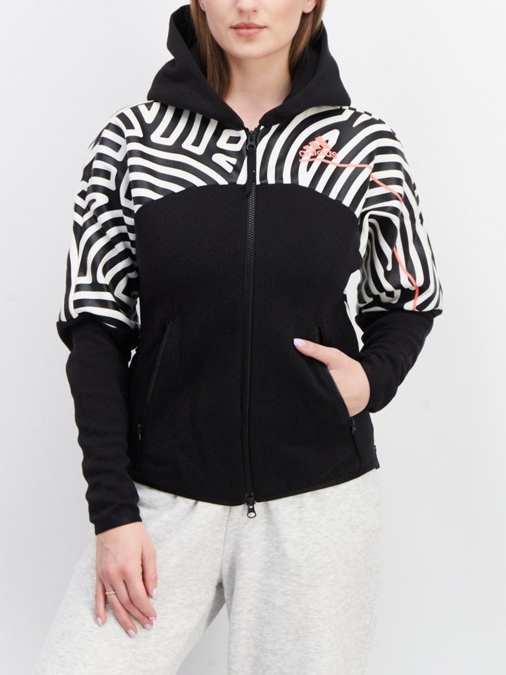 Womens Long Sleeve Hoodie Jacket, Black White Pink Stripes Zebra Sz L